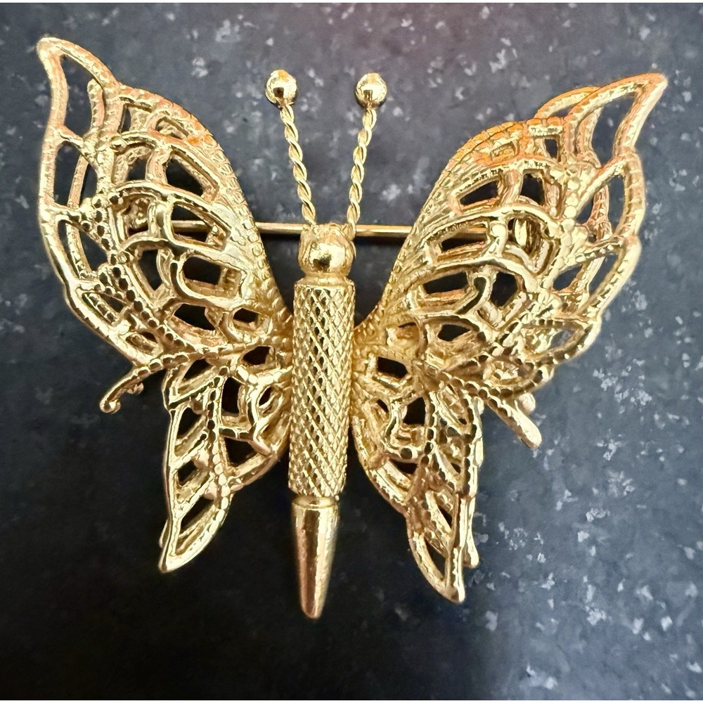 Vintage Signed Monet Gold Tone Butterfly Brooch Pin 3D Elegant 1"